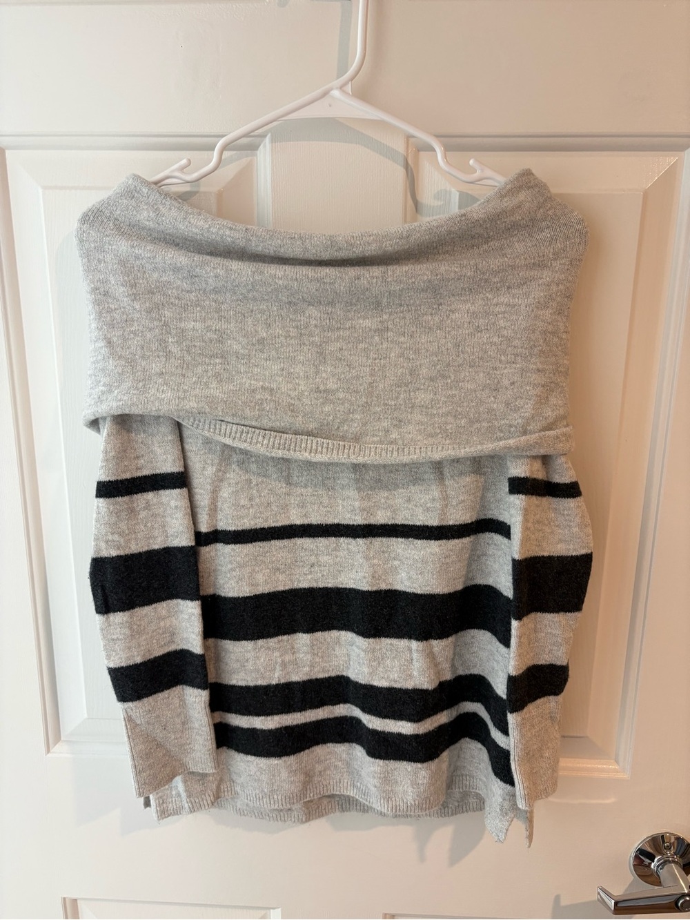 LOFT Gray & Black Striped Off-the-Shoulder Sweater